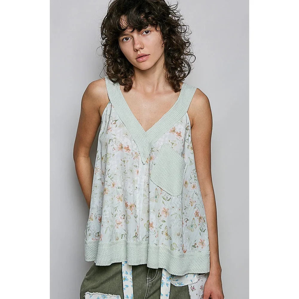 POL Floral V-Neck Tank with Front Pocket